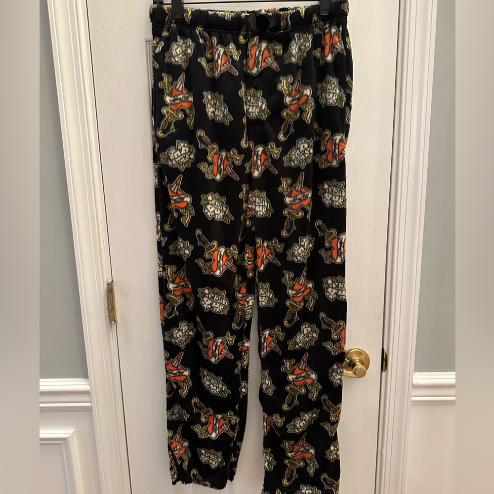 Ed Hardy Logo Hearts Fleece Soft Lounge Pants Pajama PJ Gothic Men L NWT.